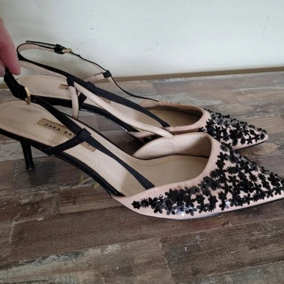 Zara Black Floral Pink Black Embellished Women's Kitten Shoes size 41 US 10 - Picture 9 of 9